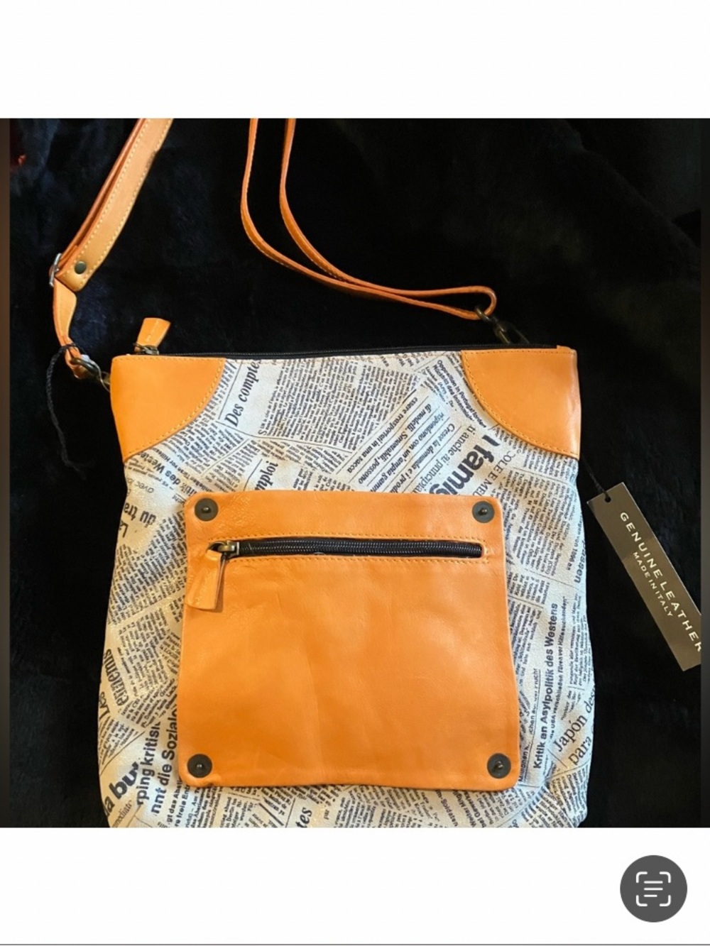 New Maurizio Taiuti Orange Leather & Newspaper Print Crossbody Made in Italy